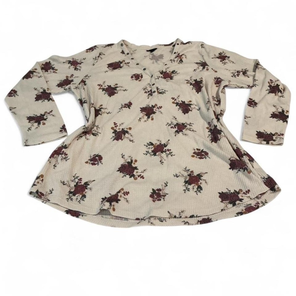 Torrid Floral Waffle Knit Henley Tunic Top Burgundy Cream Women's Size 3